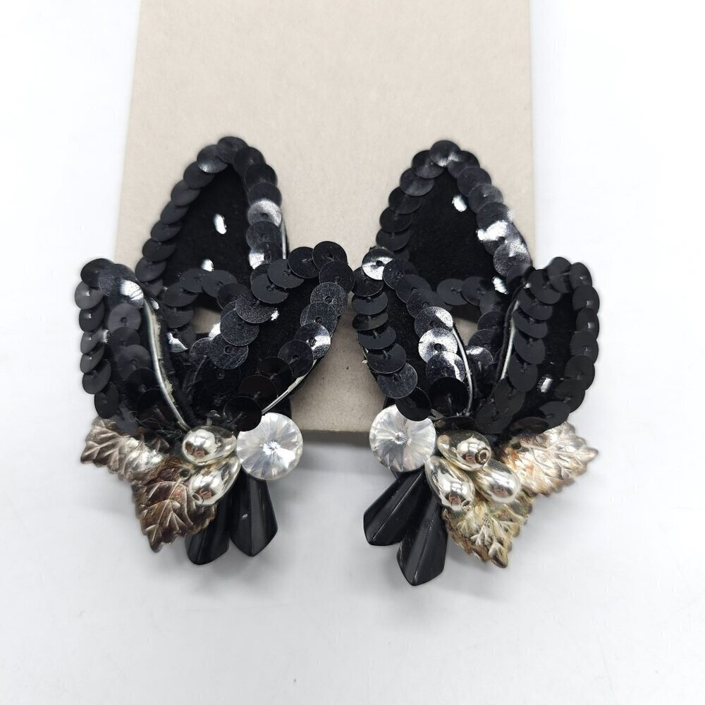 Vintage 1980s Black Sequin Clip-On Earrings With Silver Accents Leaf Design